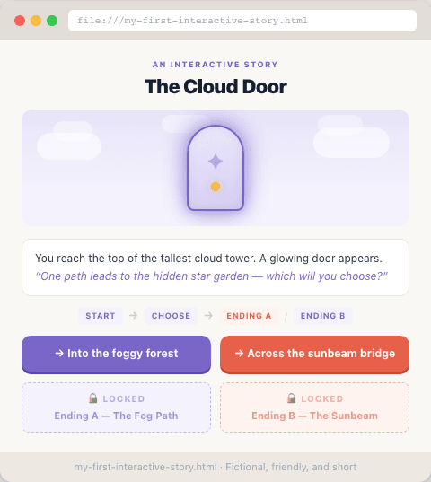 Screenshot of a simple interactive story called The Cloud Door showing a story passage and two choice buttons