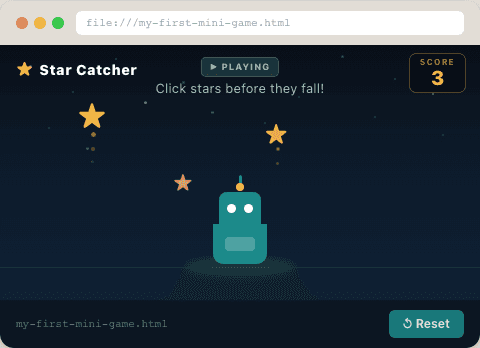 Screenshot of a simple browser mini game called Star Catcher showing a robot collecting falling stars