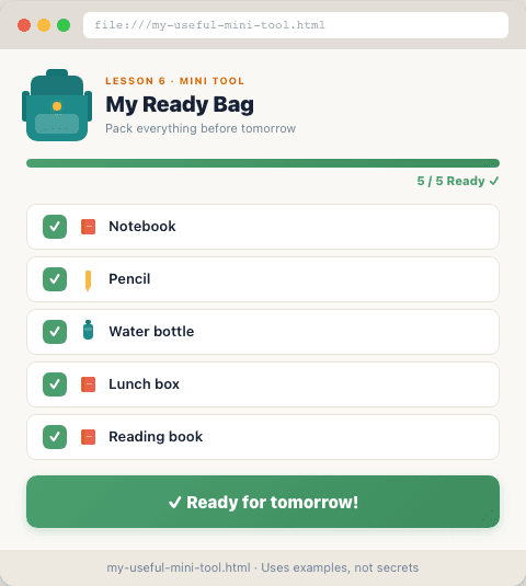 Screenshot of a simple browser checklist tool called School Bag Checklist showing example items and a ready message